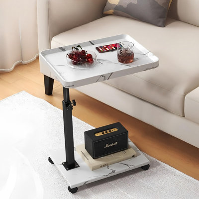 Table de bout en C réglable en hauteur, plateau pivotant à 360 ° pour petits espaces, tables d'appoint en forme de C sur roulettes, blanc