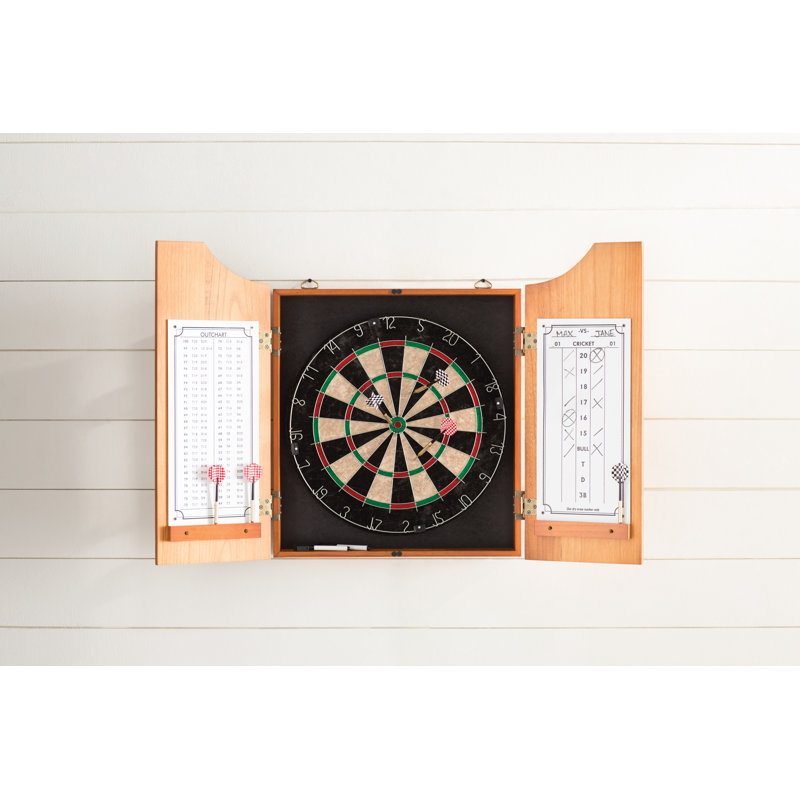 Dart Board Cabinet Set - Solid Pinewood Cabinet with 6 Metal-Tip Darts and Dry Erase Scoreboard - Bar Decor for Home by Trademark Games