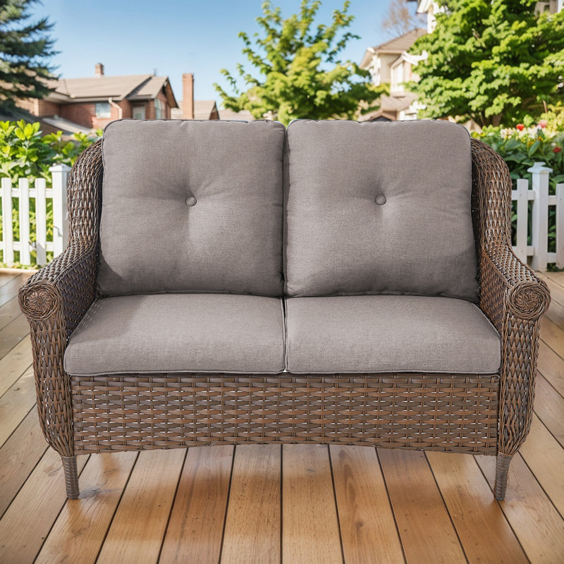 Mindee 45" Wide Outdoor Wicker Loveseat With Cushions, Gray