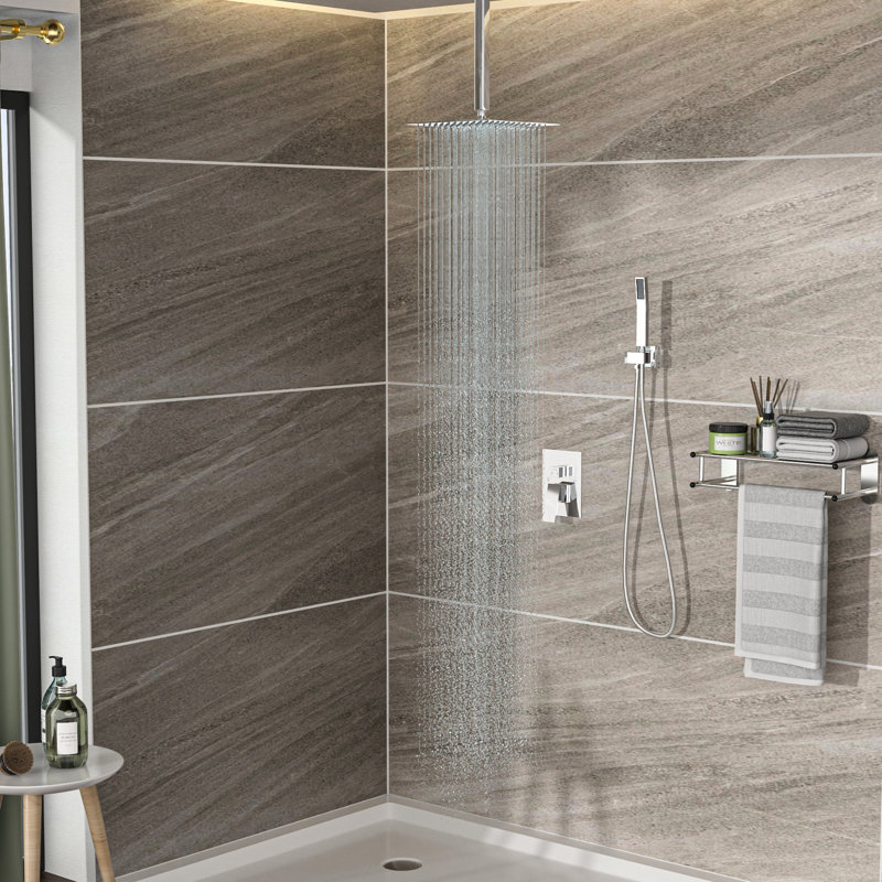 Pomme de douche double - Plafonnier carré de 16 po avec valve équilibrée, pluie et installation à la chaleur facile à installer et à nettoyer de 16 po