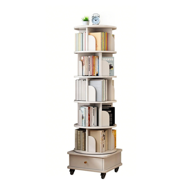 6 Tier Rotating Bookshelf, 360° Display Round Spinning Bookshelf With Wheels And Drawer, Space-saving, Small Space Rotating Bookshelf Tower For Bedroom, Living Room, Home, Office, Warm White