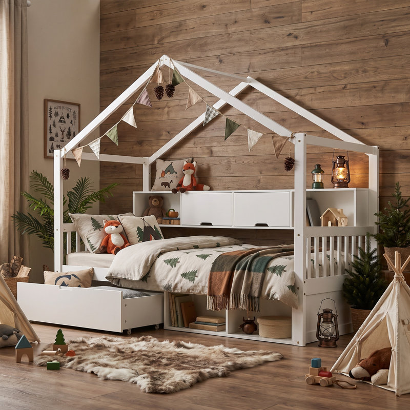 Kids Wooden Bed Frame, 3ft Single Bed 90x190cm, Pine Wood & Particle Board Bed with Safety Guardrail, Rolling Storage Drawer, Imitation Roof Shape & Storage Compartments, White