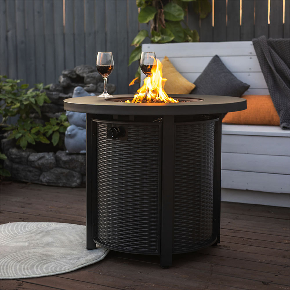 Ebern Designs Mokena 24" H x 30" W Propane Fire Pit Outdoor Round Table with Lava Rocks and Cover Lid & Reviews | Wayfair