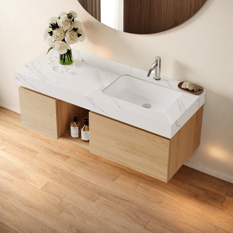 48 Inch Bathroom Vanity with Sink, Floating Vanity Bathroom with Drawers, Open Shelf, White, Light Wood