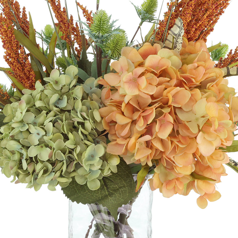 Hydrangea and Heather Fall Arrangement in a Glass Vase