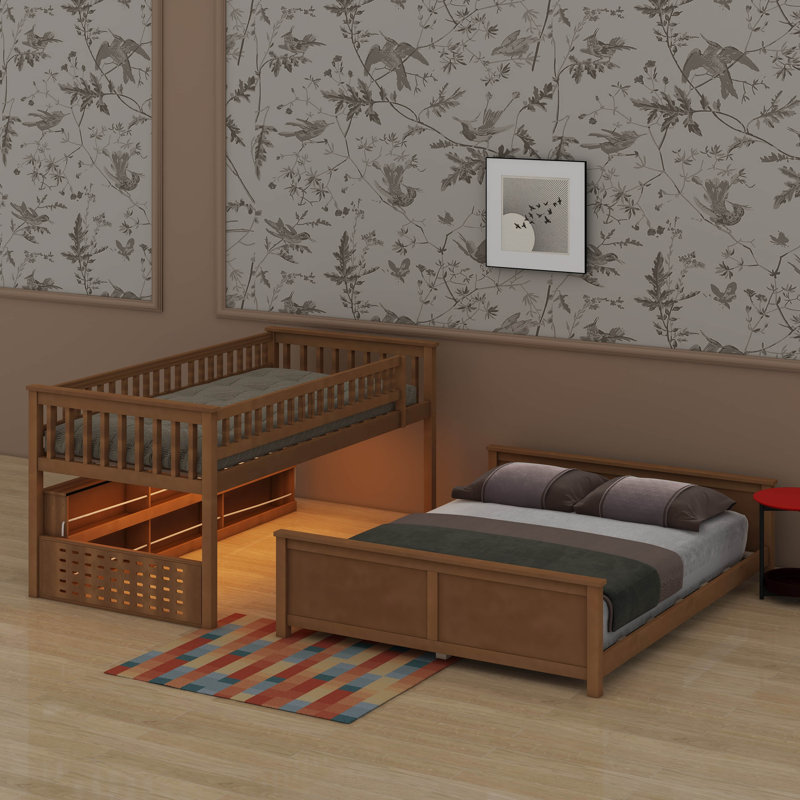 Lit superposé avec rangement, lit superposé en bois massif avec tablettes, lumières à changement de couleur, garde-corps et panneau perforé