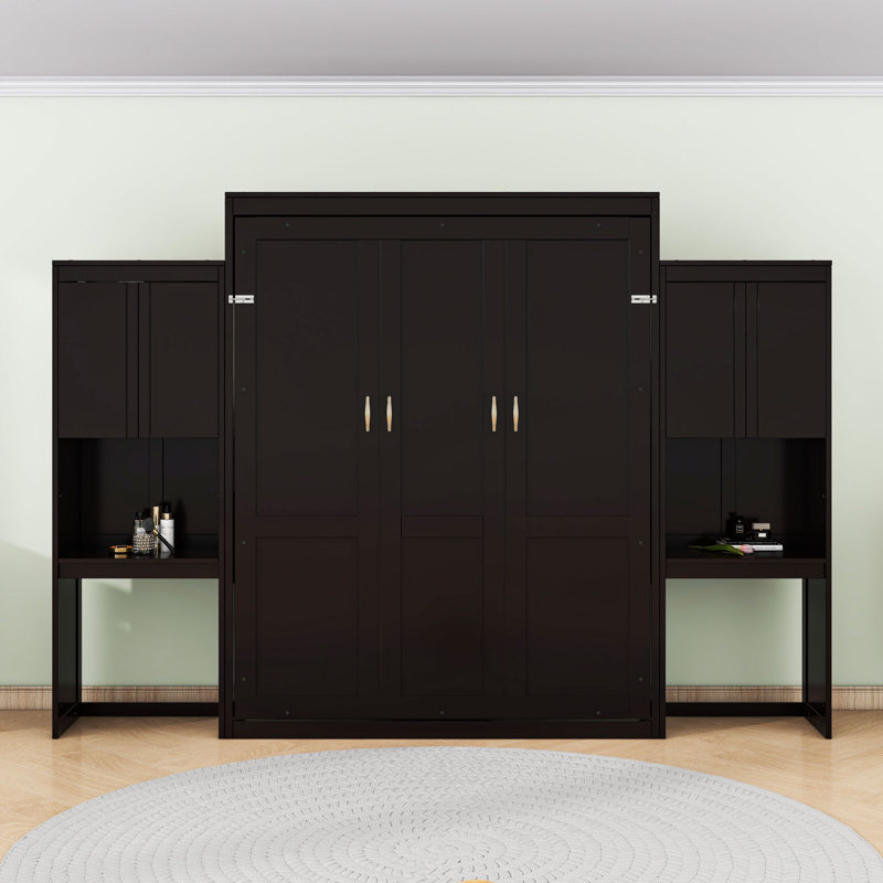 Grand lit escamotable en bois avec armoire intégrée, bureau et meuble-lavabo, Espresso