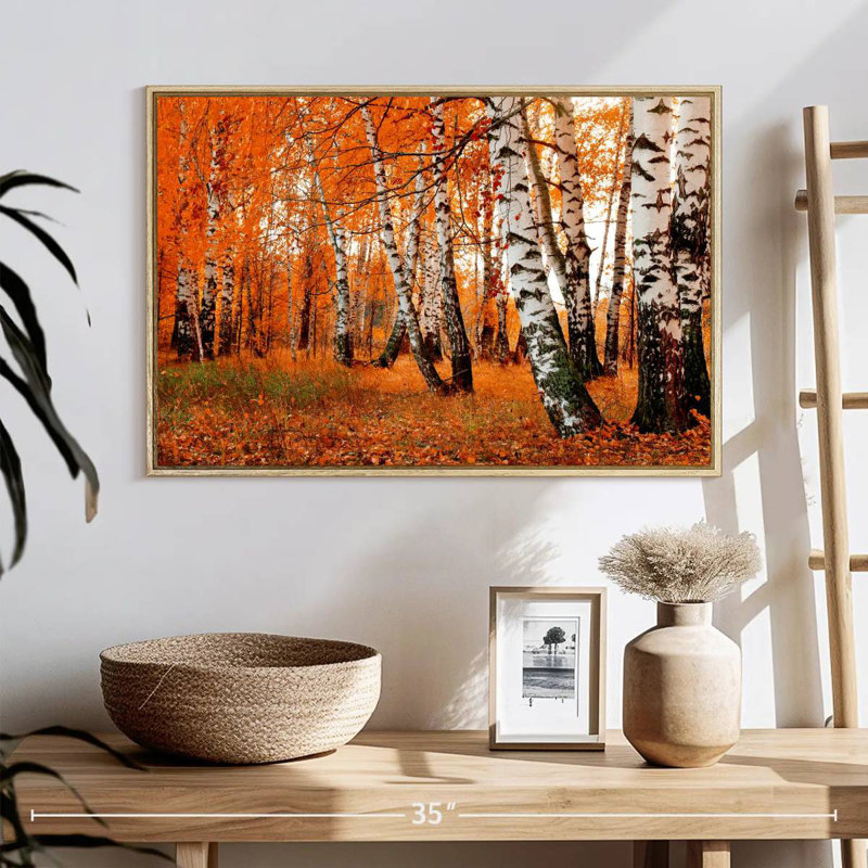 Forêt de bouleaux orange, 25 po x 17 po, Cadre flottant en bois naturel