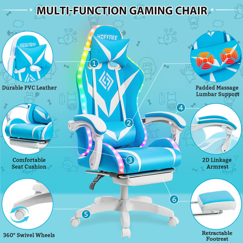Hoffree Massage Ergonomic Gaming Chair with Bluetooth Speakers and RGB LED Lights, Blue/White