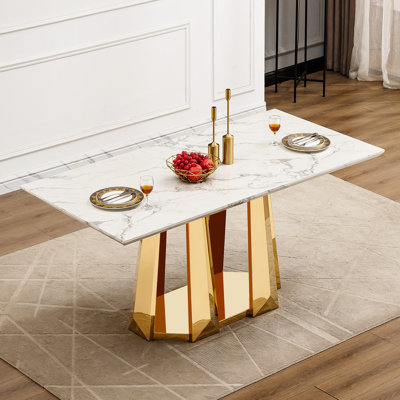 70" Marble Kitchen Table With - Stainless Steel Legs, Comfortable Seating, Gold And White, Quick Assembly Versatile 70'' Faux Table, Suitable For Family Events