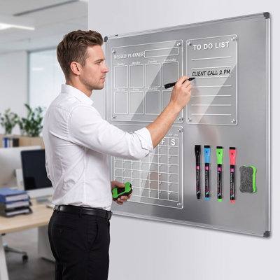Acrylic Magnetic Calendar Planner 2 Sets, Transparent Dry Erase Board Monthly Weekly Daily with Markers for Refrigerator (8-Pieces Set)