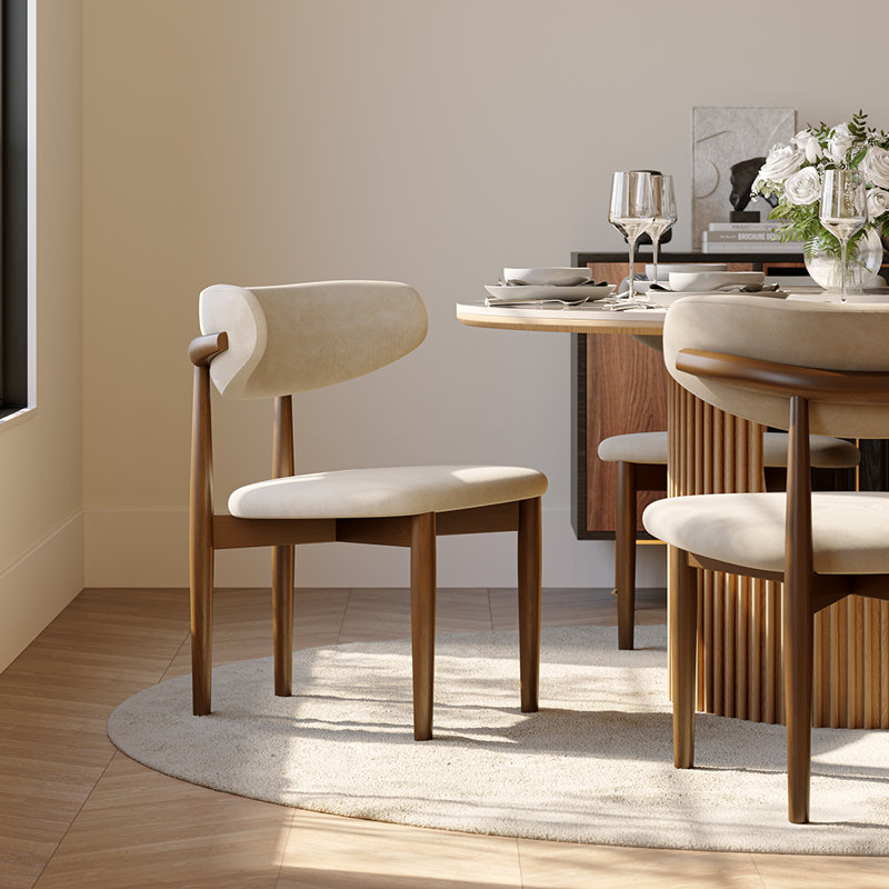Mid-Century Modern Wood Dining Chairs, Upholstered Cotton Linen Wood Dining Chair Side Chair, Fully Assembled (Set of 2)