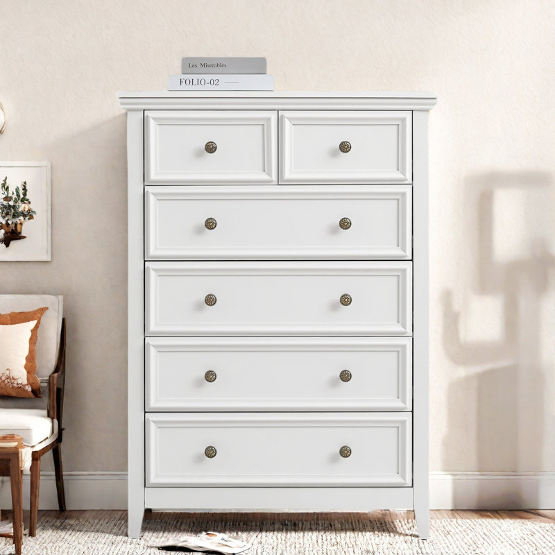 Commode 6 tiroirs avec plateau en grain de bois et poignée fleur