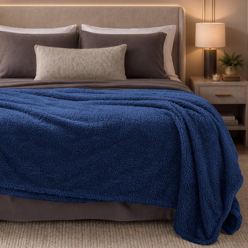 Couverture Cozy Faux Shearling, Bleu foncé, Double/Grand
