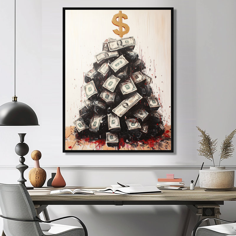 Argent comptant arbre de Noël - loup de Wall Street, Toile avec cadre flottant noir, H 44 po x l 34 po x P 1,5 po