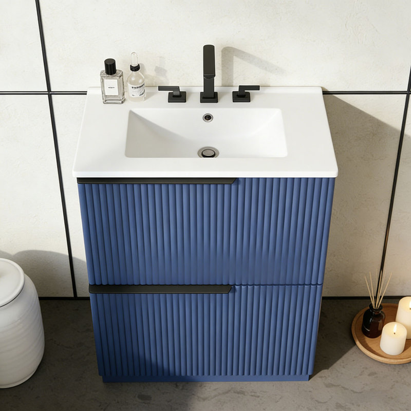 Meuble-lavabo 30 po avec lavabo en céramique, Bleu