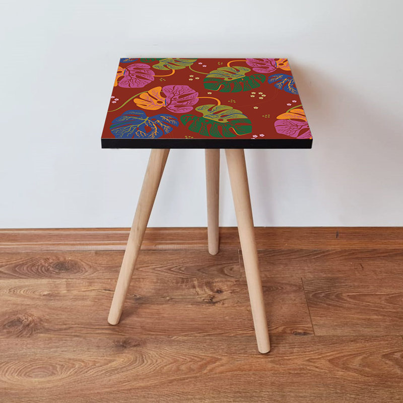 Bohemian Side Table with Beech Wood Legs, 13.8 x 16.5 x 13.8 inches | 100% MDF Construction, Thickness: 0.7 inches | Perfect for Flower-Themed Decor, Stylish & Functional Addition to Your Living Space