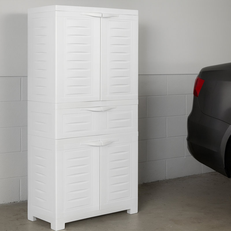 Armoire de rangement avec 2 tablettes réglables et tiroir central, Blanc moucheté