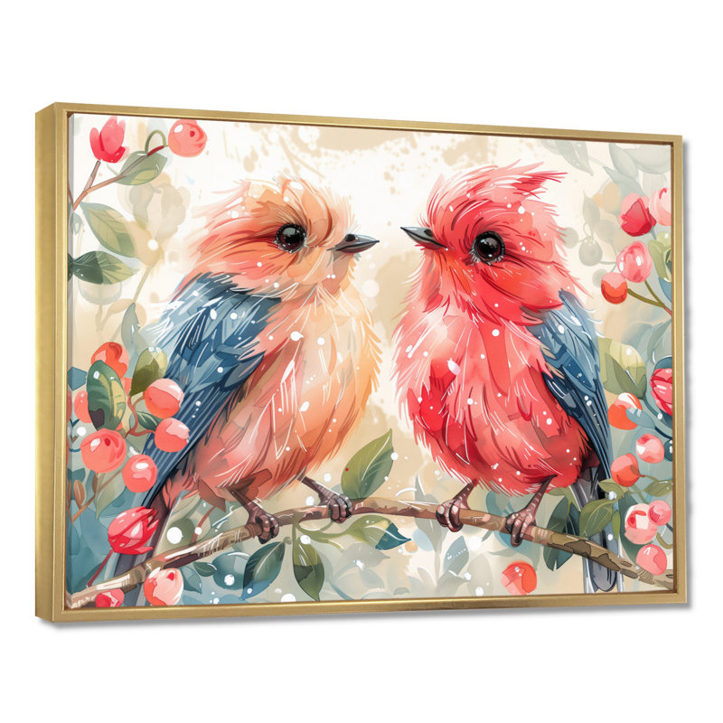 Inséparables roses et bleus sur une branche, Cadre flottant doré, H 34 po x l 44 po