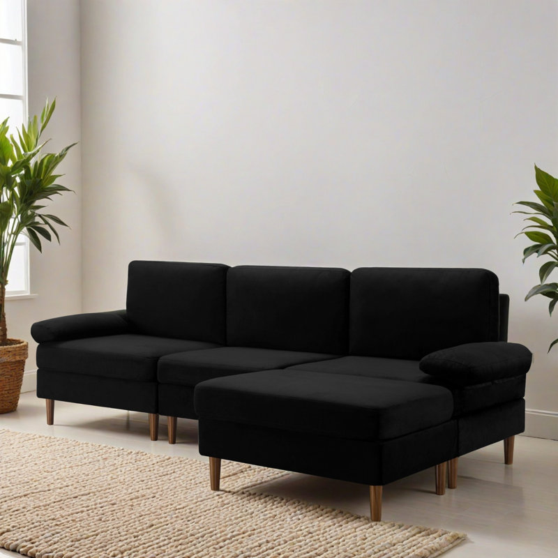 102.42" Reversible L-Shaped Sectional Sofa with Ottoman for Living Room, Black
