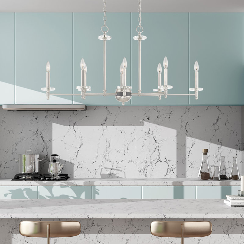 Lustre transitionnel linéaire à 8 lumières de style bougie avec détails en cristal Christofer, Nickel brossé