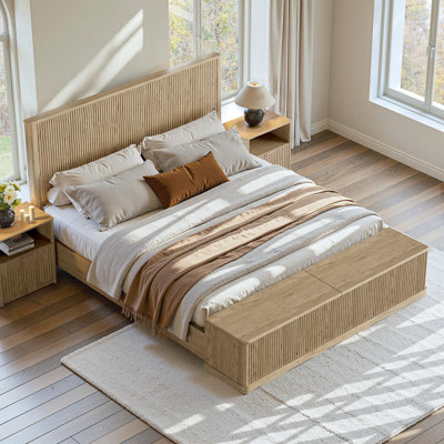 Oak Fluted King Bed Frame With 52" Tall Headboard & Storage Bench, Wood Platform Bed With 80" Storage Chest, No Box Spring Needed