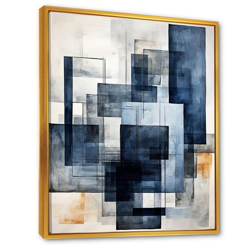 Indigo illusion formes abstraites - Formes abstraites d'art mural, Cadre flottant doré, H 20 po x l 12 po x P 1 po
