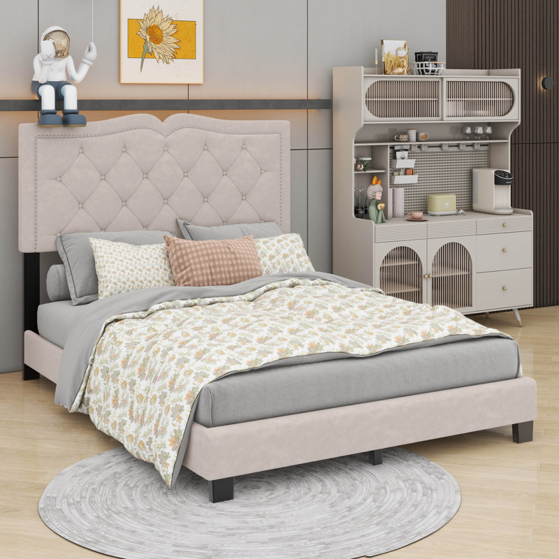 Lit à panneau tapissier Kesean, Beige, Double