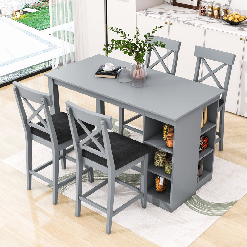 Devra 5-Piece Dining Set, Counter Height Wooden Table with 3-Tier Storage and Upholstered Chairs, Grey