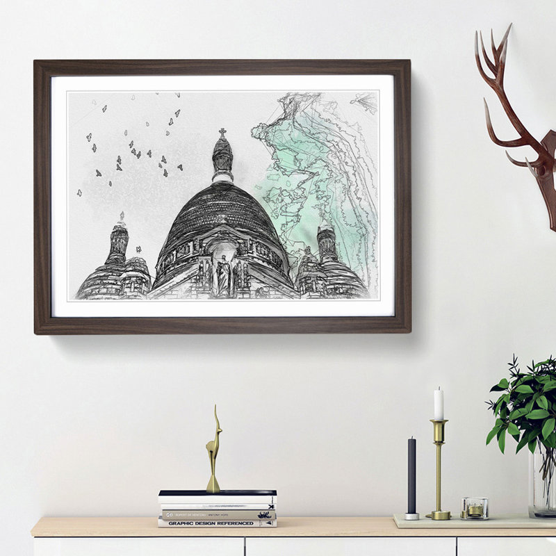 Birds Above Sacre Coeur Paris in Abstract - Picture Frame Graphic Art Print, Walnut Framed, 36cm H x 48cm W x 2cm D