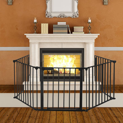 Fire Guard with Gate 300cm Fireplace Safety Gates Foldable Metal Modern Fireguard Fire Screen Spark Guard Wall Mounted Protection Barrier with 5 Elements for Pets living Rooms Indoor