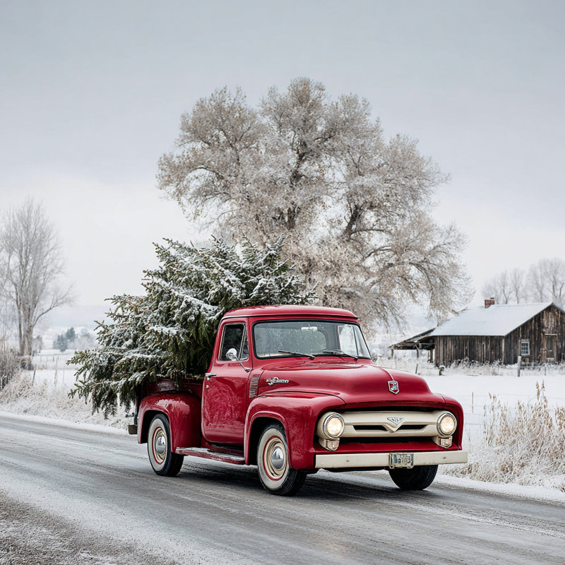 «Rustic Red Truck and Pines», art mural sur toile tendue, H 30 po x l 30 po