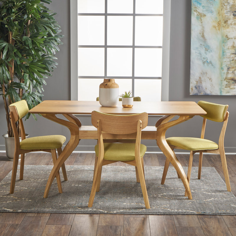 Ensemble de salle à manger à tréteaux en bois pour 4 personnes 59 "avec chaises rembourrées Bryona, Thé vert, Chêne naturel