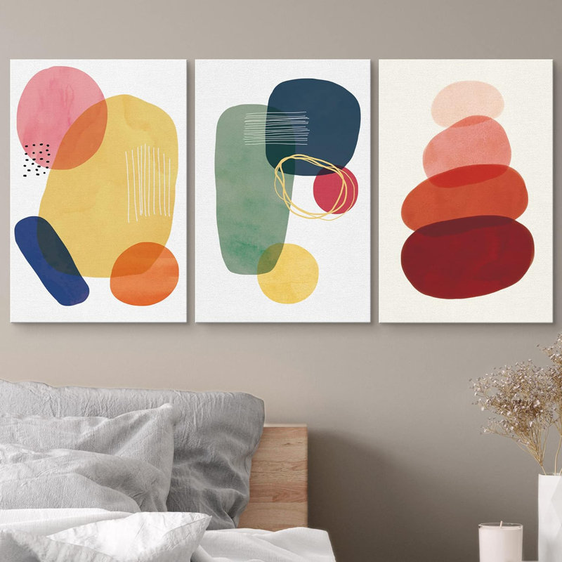 Abstract Vibrant Color Blocks "Boho Bold Bright Circle Artwork, Geometric Colorful Modern Wall Pictures, Framed Canvas Giclée Print 3 Pieces Wall Art" 16"x24"x3 pcs, 24"x36"x3 pcs