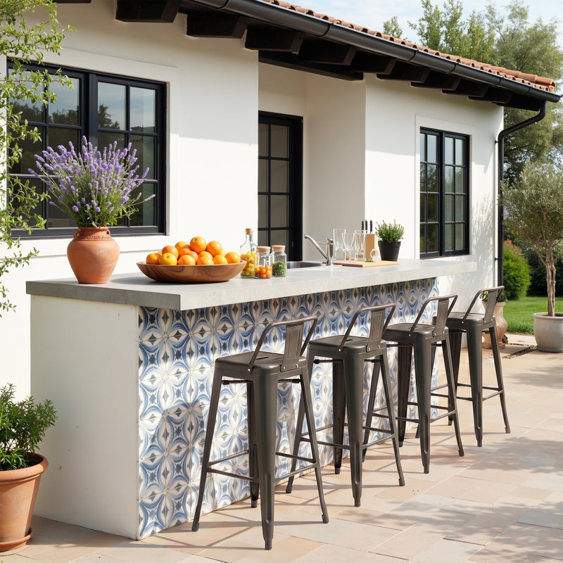30 Inch Counter Height Chairs, Industrial Kitchen Stools with Backrest and Footrest, Metal Bar Stools for Indoor/Outdoor (Set of 4)