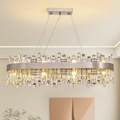  Kacy 35" 16-Light Modern Dimmable Brushed Nickel Rectangle Crystal Chandelier
