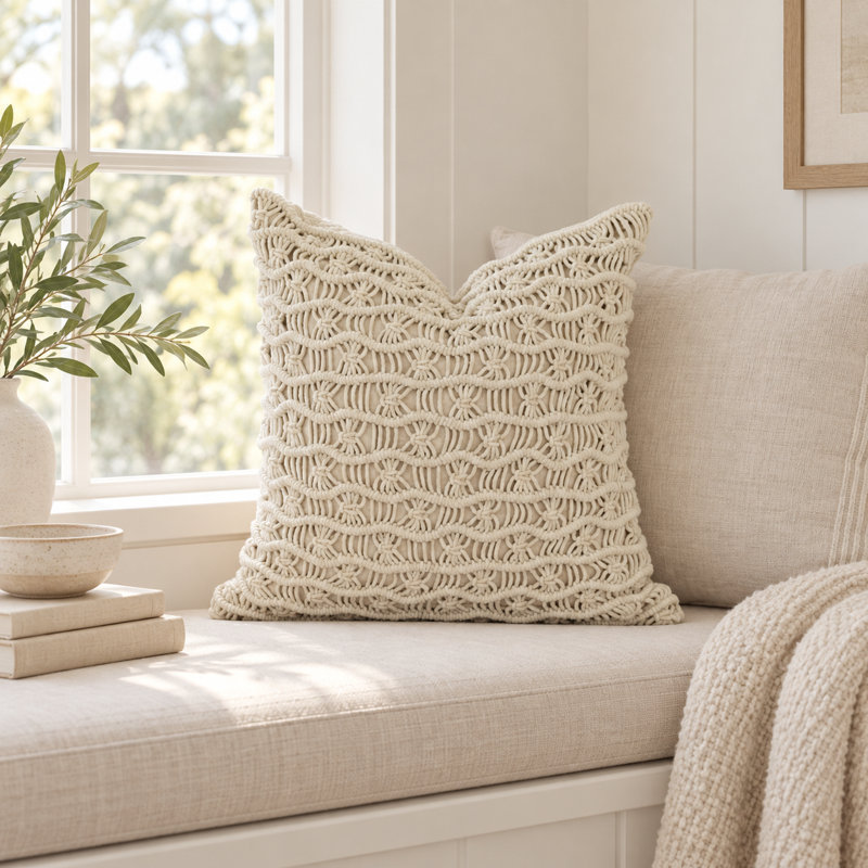 Housse de coussin décorative en macramé de coton naturel tissée à la main