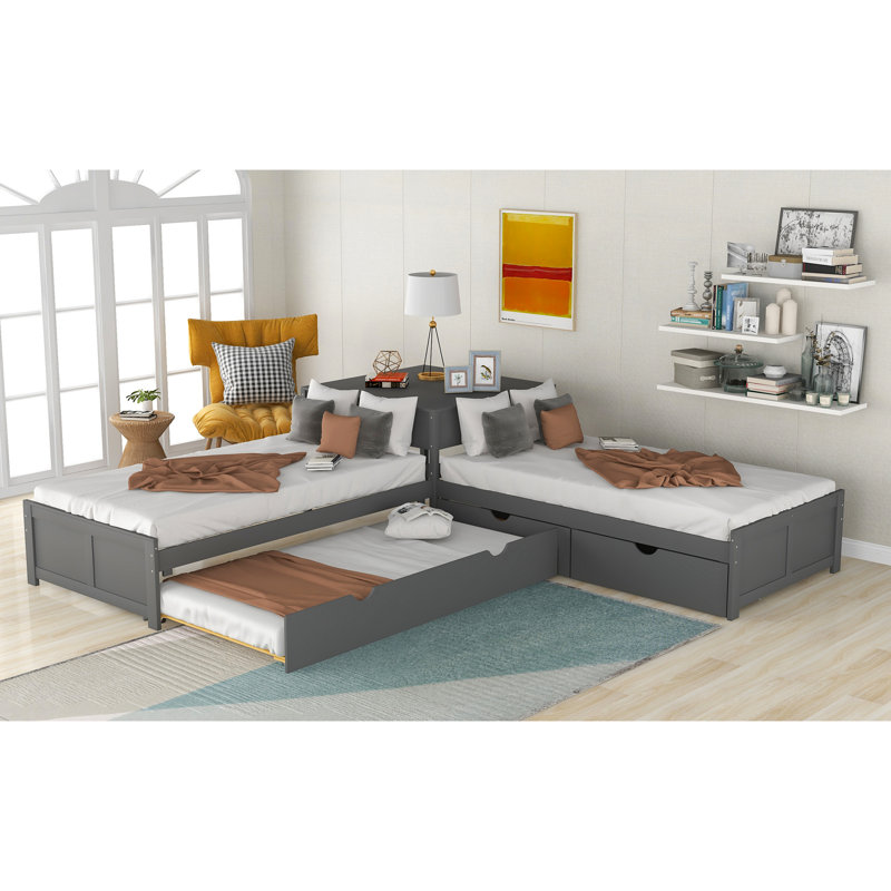 L-shaped Twin Platform Bed With Trundle, Drawers & Desk - Space Efficient Design Drawers, Trundle And Practical Functional