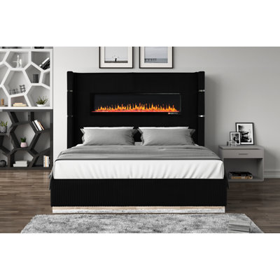 Black Velvet Finish King Bed With Non - Heating Electric Fireplace, Ports For Device Connectivity, And Sound Bedroom Decor Upholstered In Convenient Charging, Audio