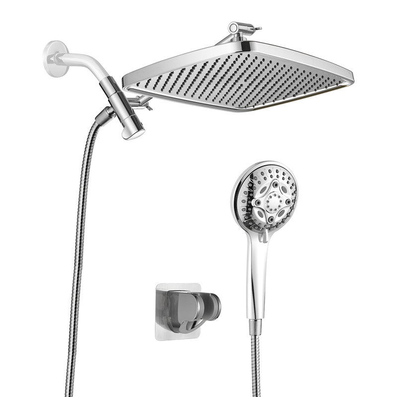 12-Inch Rain Dual Shower Head with Extension Arm Combo with 8-Spary Multifunction Handheld Spray Chrome, Chrome