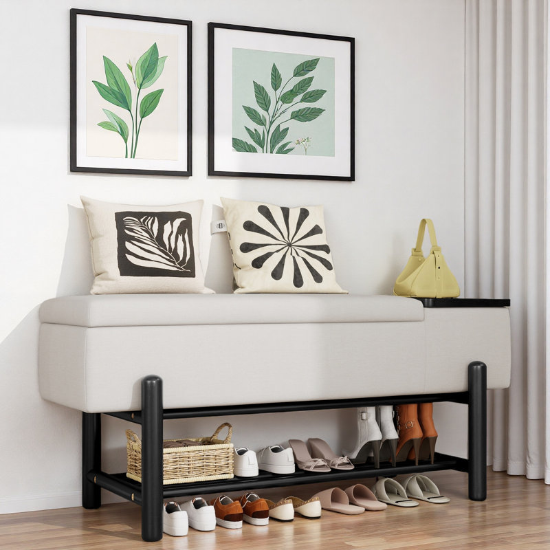 Upholstered Storage Bench With A Bottom Shelf, Black/Beige