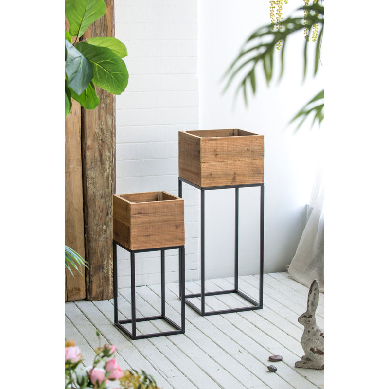 Ensemble de 2 boîtes en bois récupéré avec support en fer noir, L 11 x 11 x 29,5 po: 8,5 x 8,5 x 21,5