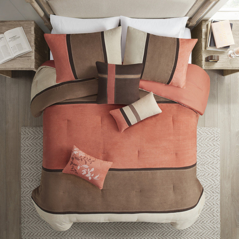 Ensemble d'édredon 7 pièces en faux suède, corail, lavable à la machine et infroissable