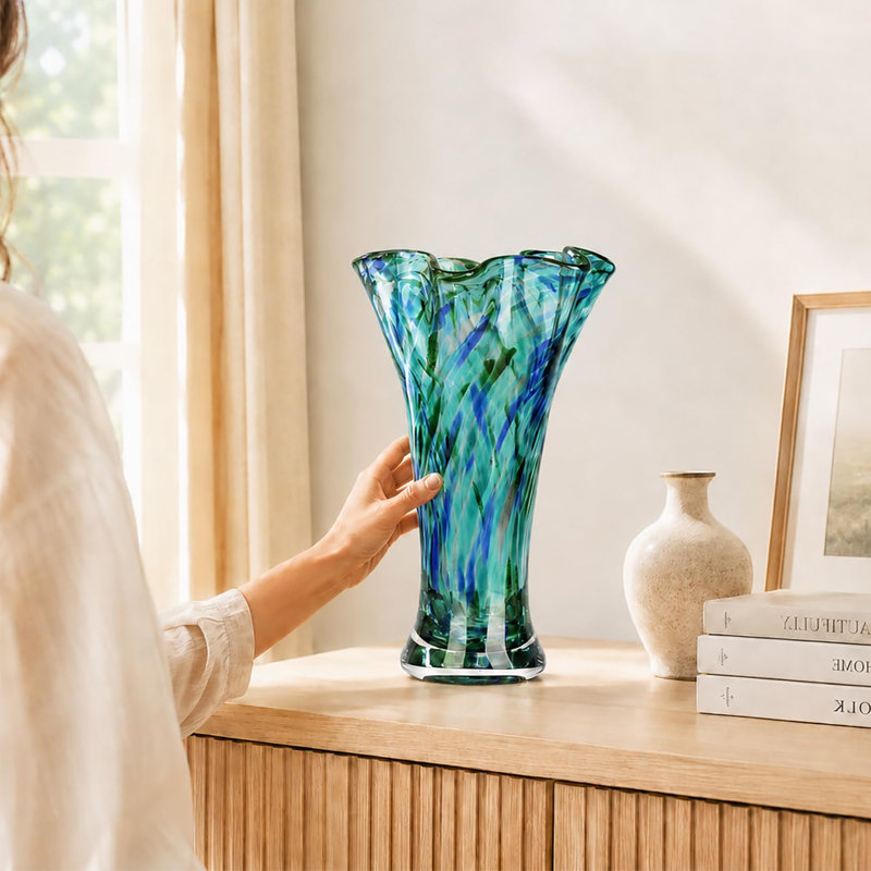 Vase d'art 9,0 "soufflé à la main, conception à large ouverture, convenant au salon, à la salle de bain et à la bibliothèque