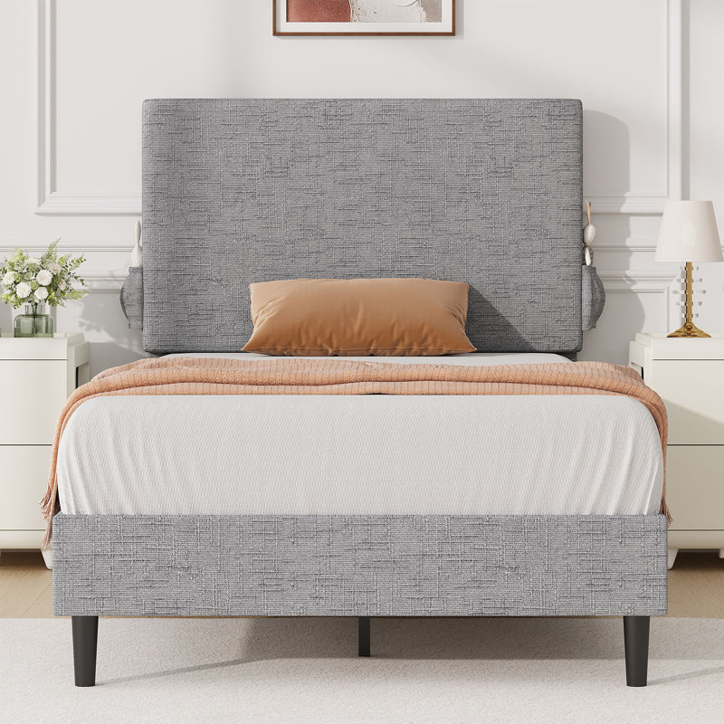 Structure de lit plateforme en chenille avec tête de lit tapissier, Gris clair