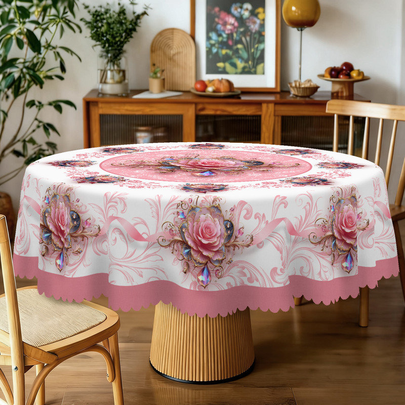 Pink Rose Pattern Design Polyester Washable Tablecloth