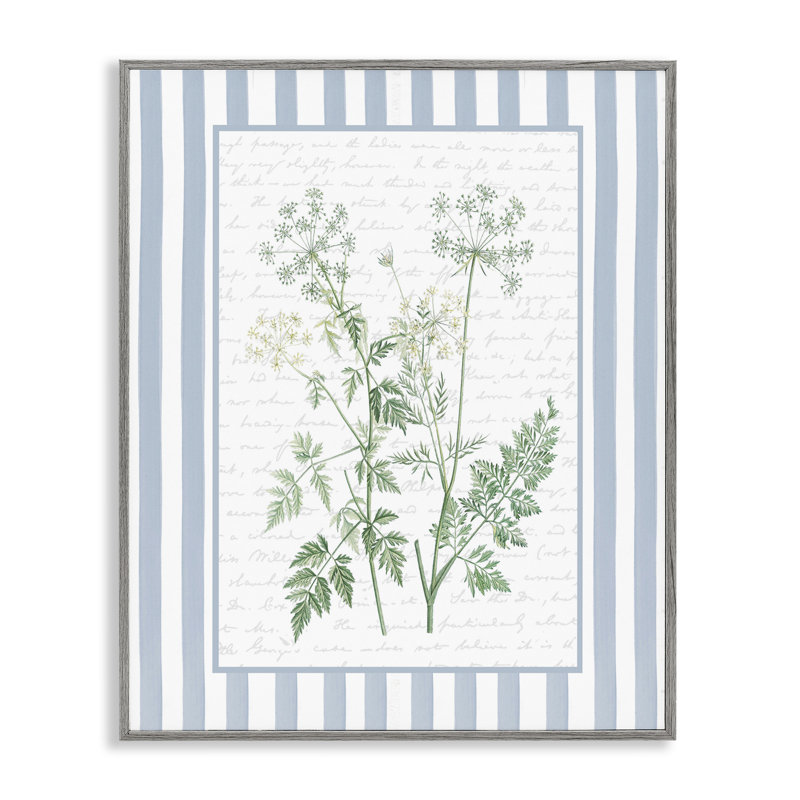 Herbes sauvages sur rayures bleues, giclée encadrée, design par lettré et doublé, Estampe numérique Farmhouse