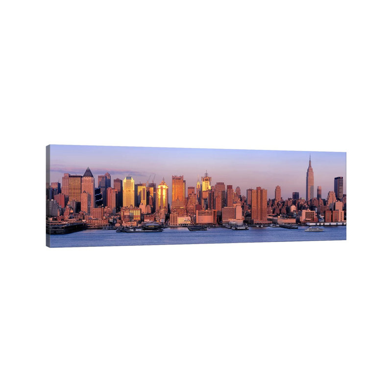 USA, New York, New York City, West Side, Skyscrapers In A City During Dusk #2 - Wrapped Canvas Panoramic Print