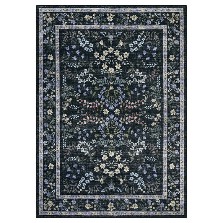 Modern Floral Machine Washable Rug for Living Room, Farmhouse Flower Soft Non Shedding Floor Covering with Non Slip TPR Backing, Indoor Foldable Low Pile Thin Mat
