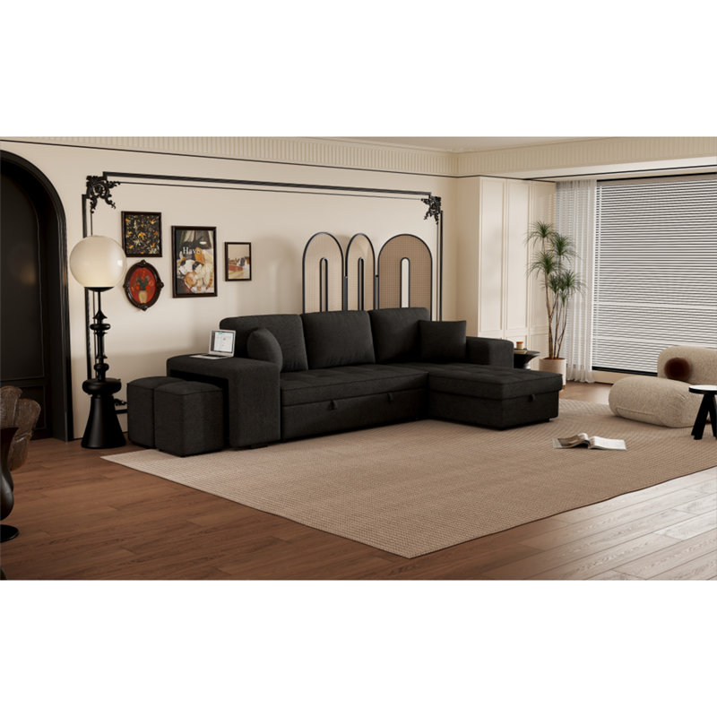 Canapé modulaire réversible en L de 104,5 po à 3 places, canapé-lit escamotable avec méridienne de rangement et 2 tabourets de mobilier de salon, gris anthracite